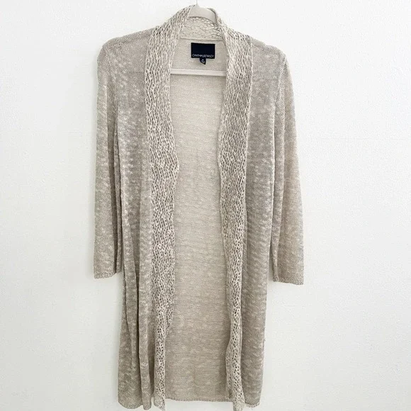 Cynthia Rowley Linen Cardigan Sweater Duster Open Knit Taupe Womens Medium NWOT - Picture 2 of 7